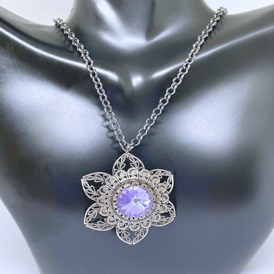 Antique Silver Filigree Flower necklace with Faceted Lavender stone