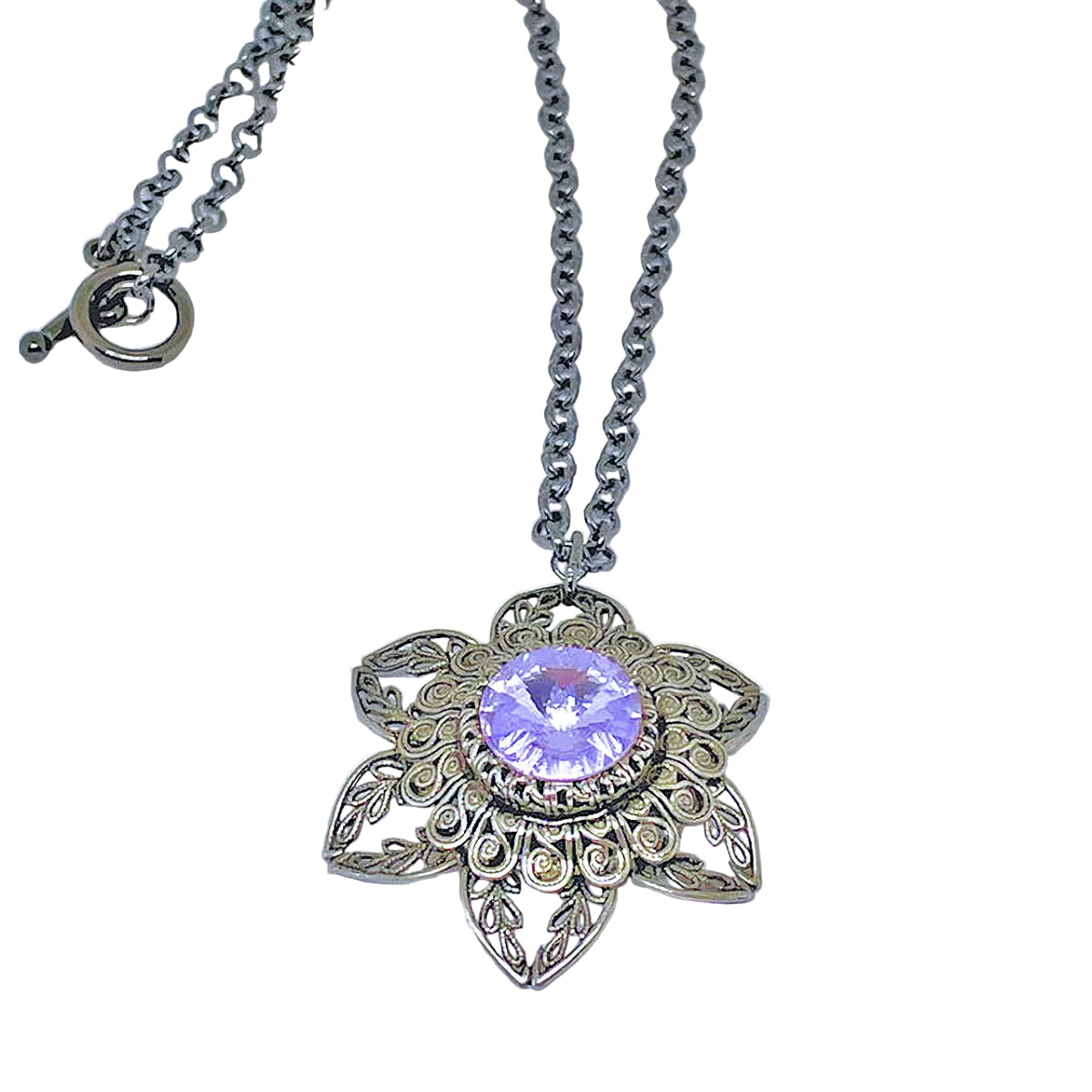 Antique Silver Filigree Flower necklace with Faceted Lavender stone