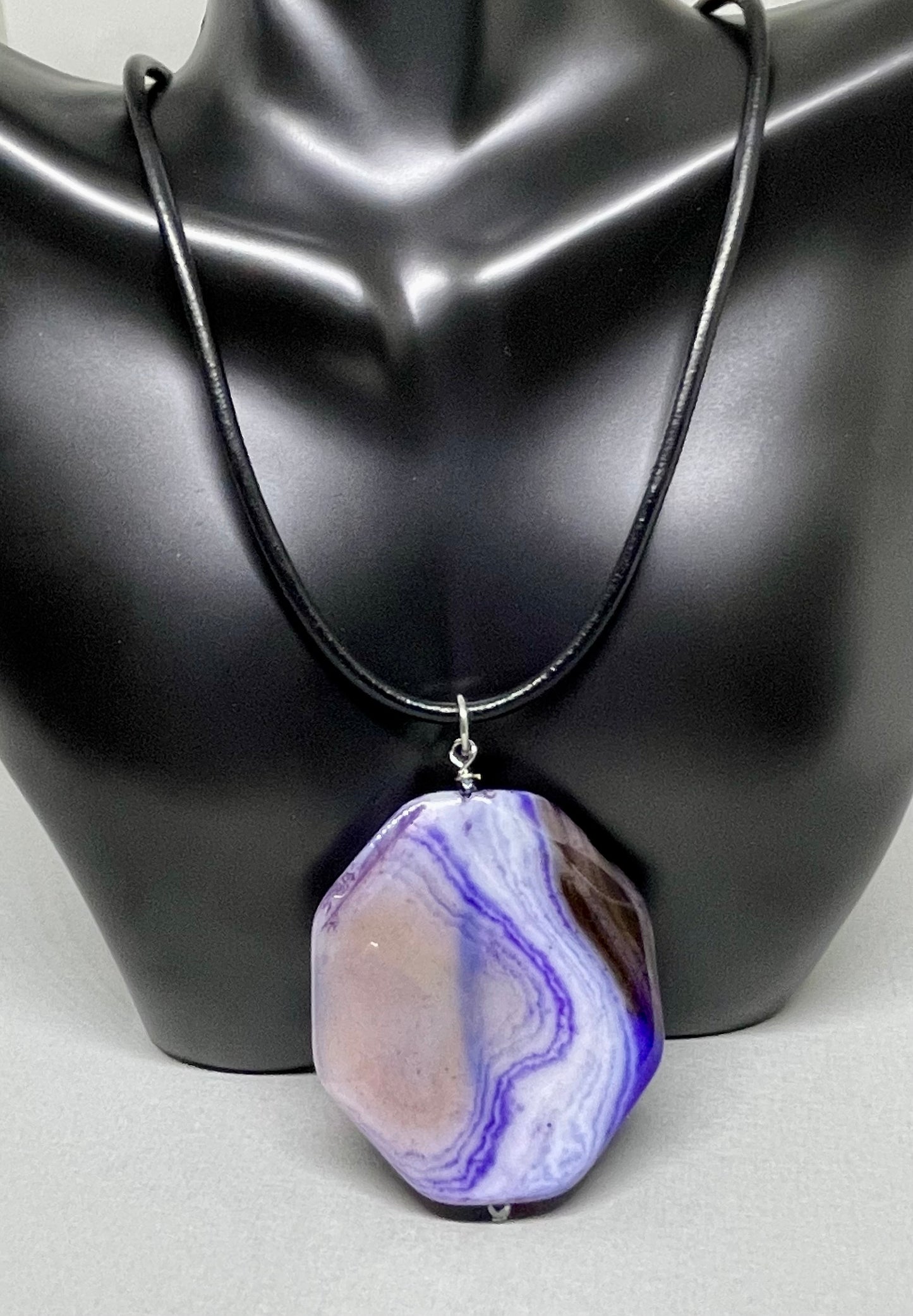 Purple Banded Agate Pendant with Black Leather Necklace