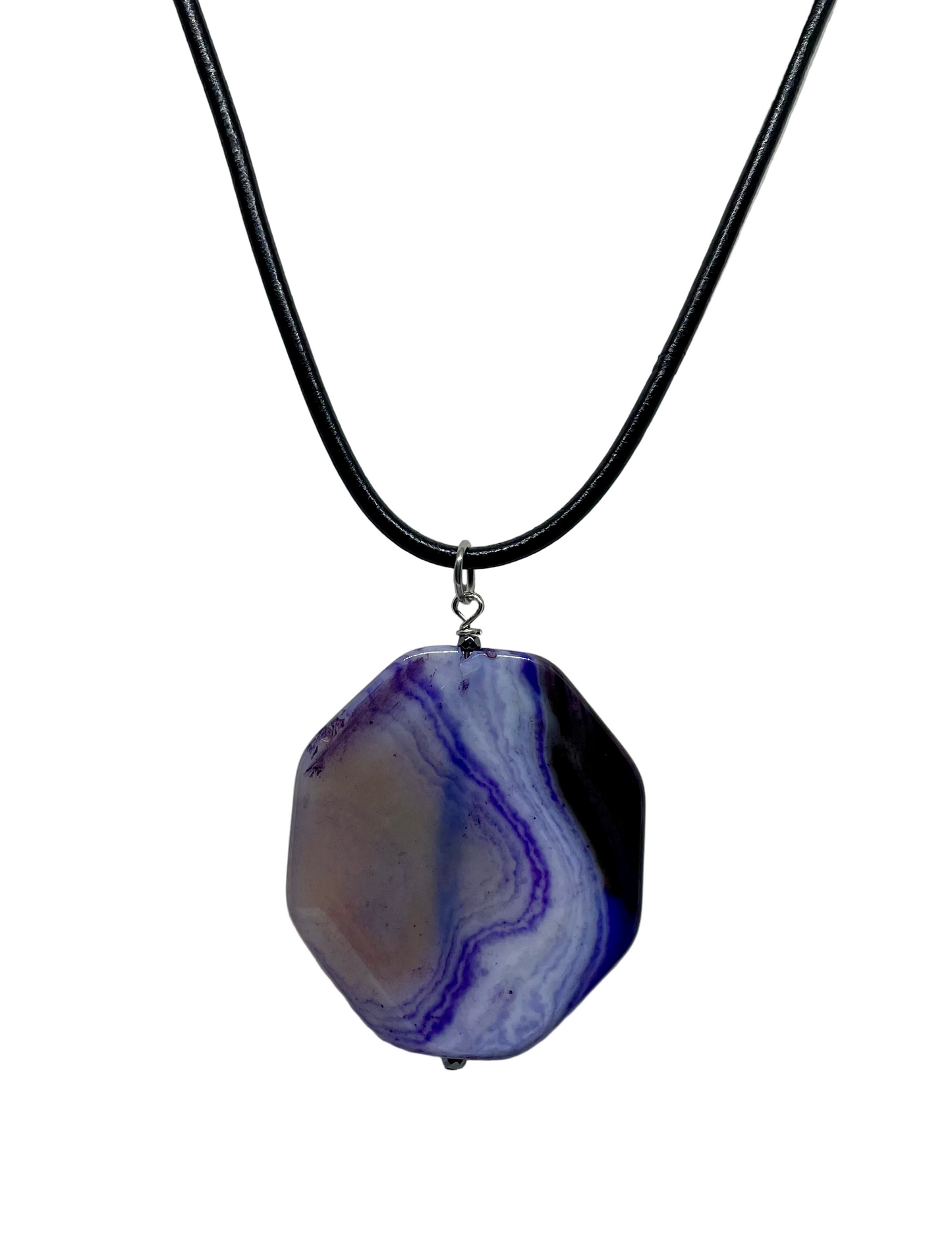 Purple Banded Agate Pendant with Black Leather Necklace