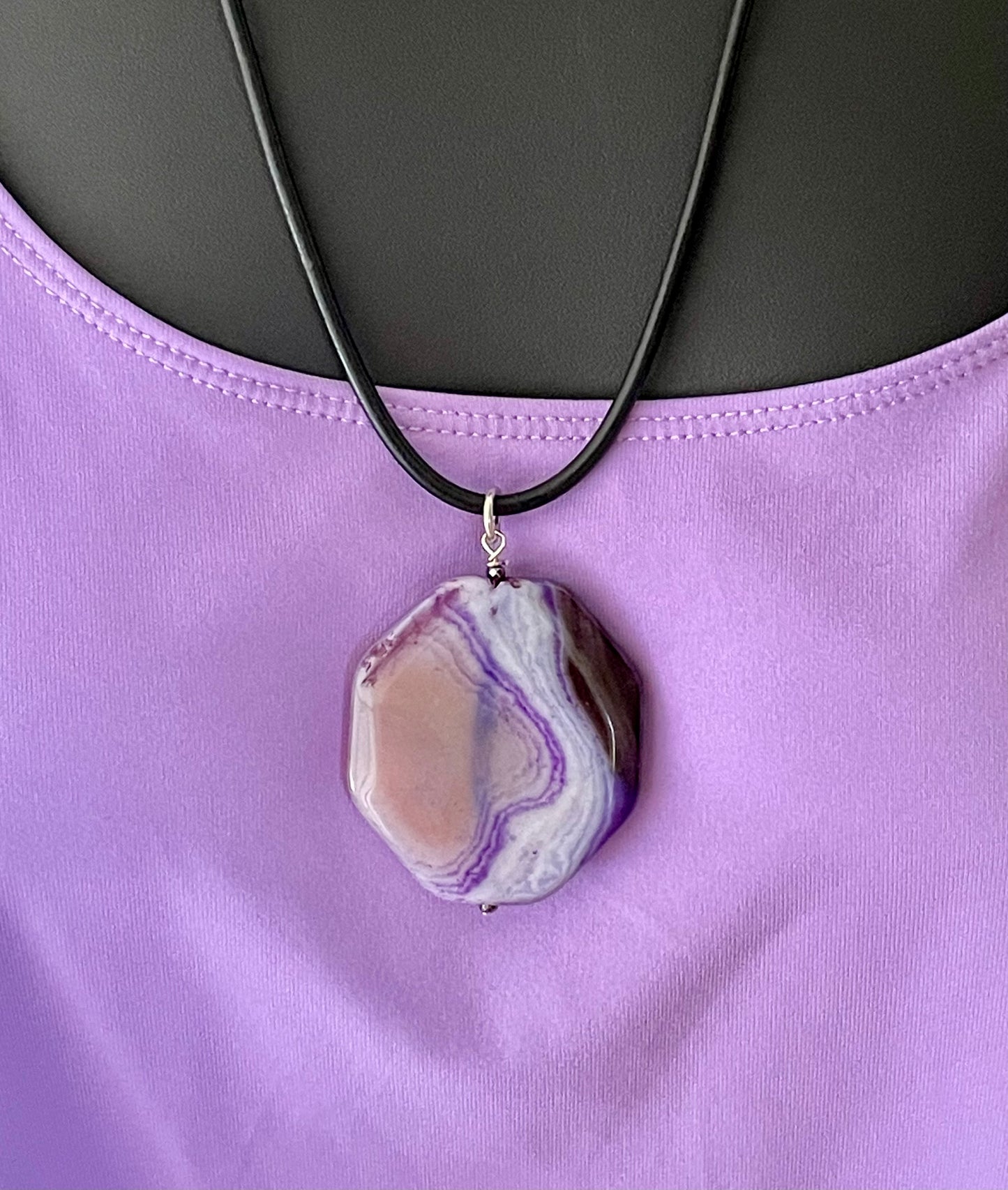 Purple Banded Agate Pendant with Black Leather Necklace