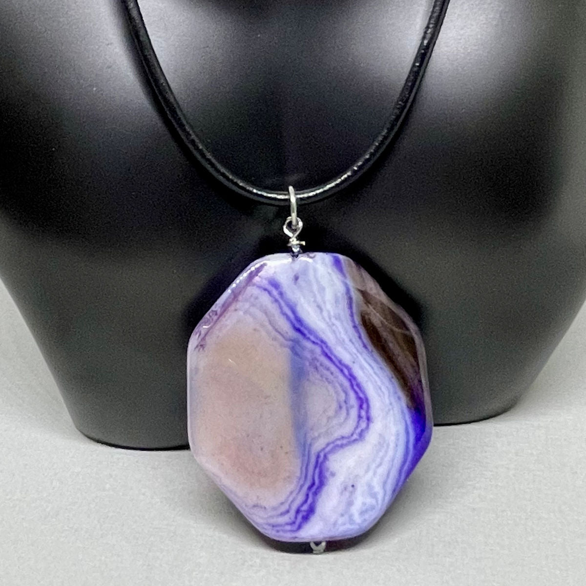 Purple Banded Agate Pendant with Black Leather Necklace