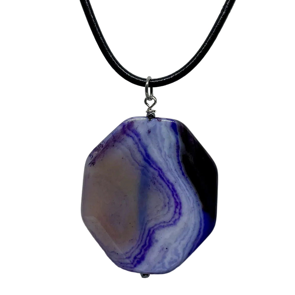 Purple Banded Agate Pendant with Black Leather Necklace