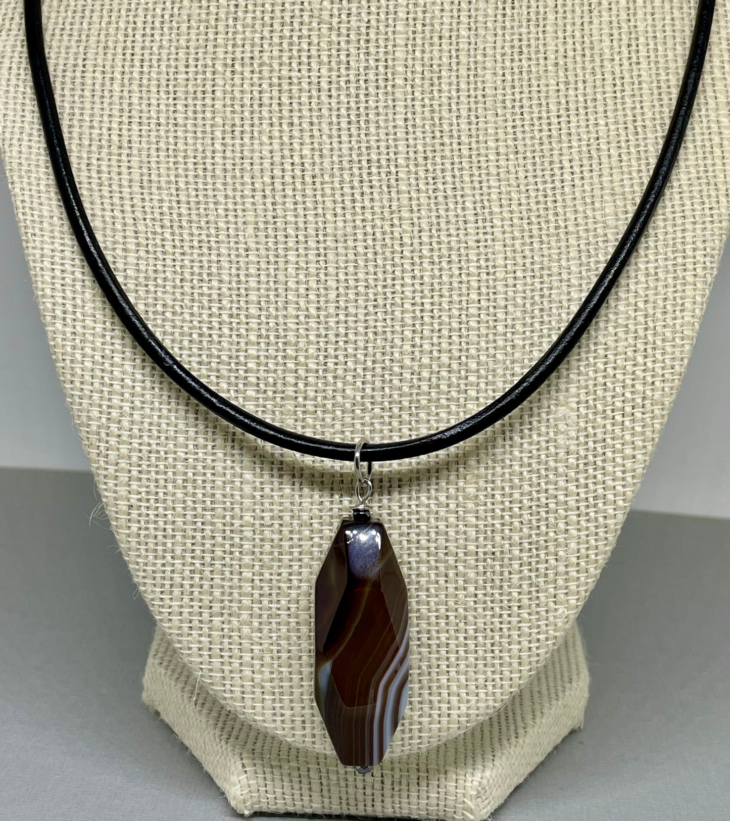 Brown Striped Agate Smooth Drop Pendant with Black Leather Necklace
