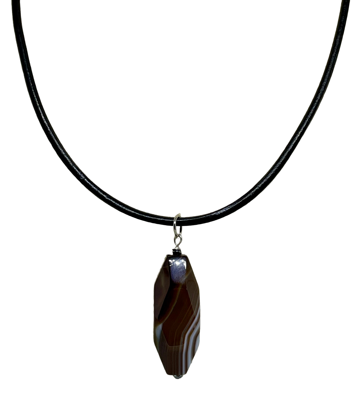 Brown Striped Agate Smooth Drop Pendant with Black Leather Necklace
