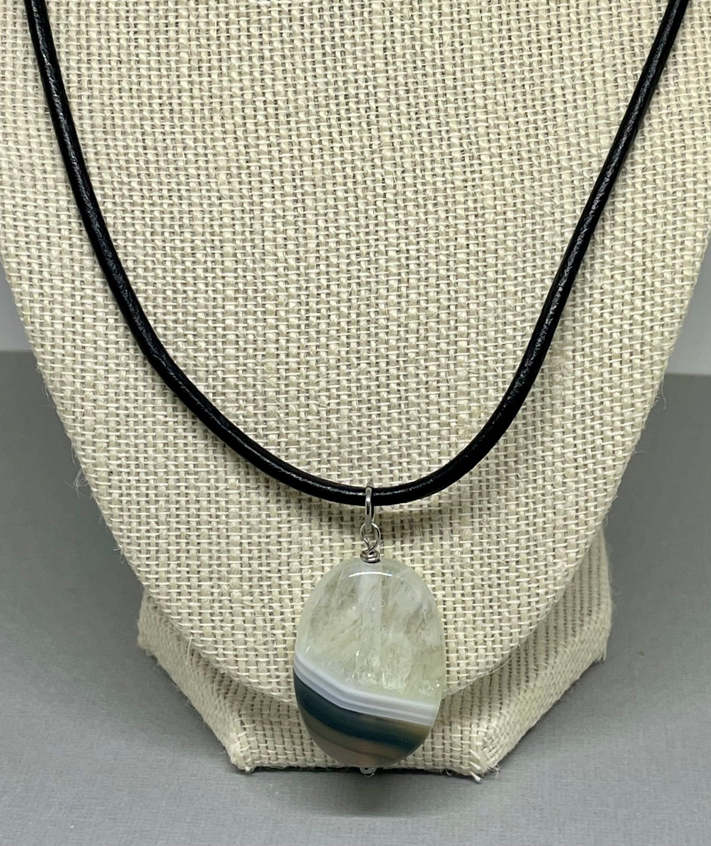 Brown, White and Clear Oval Agate Pendant with Leather Necklace