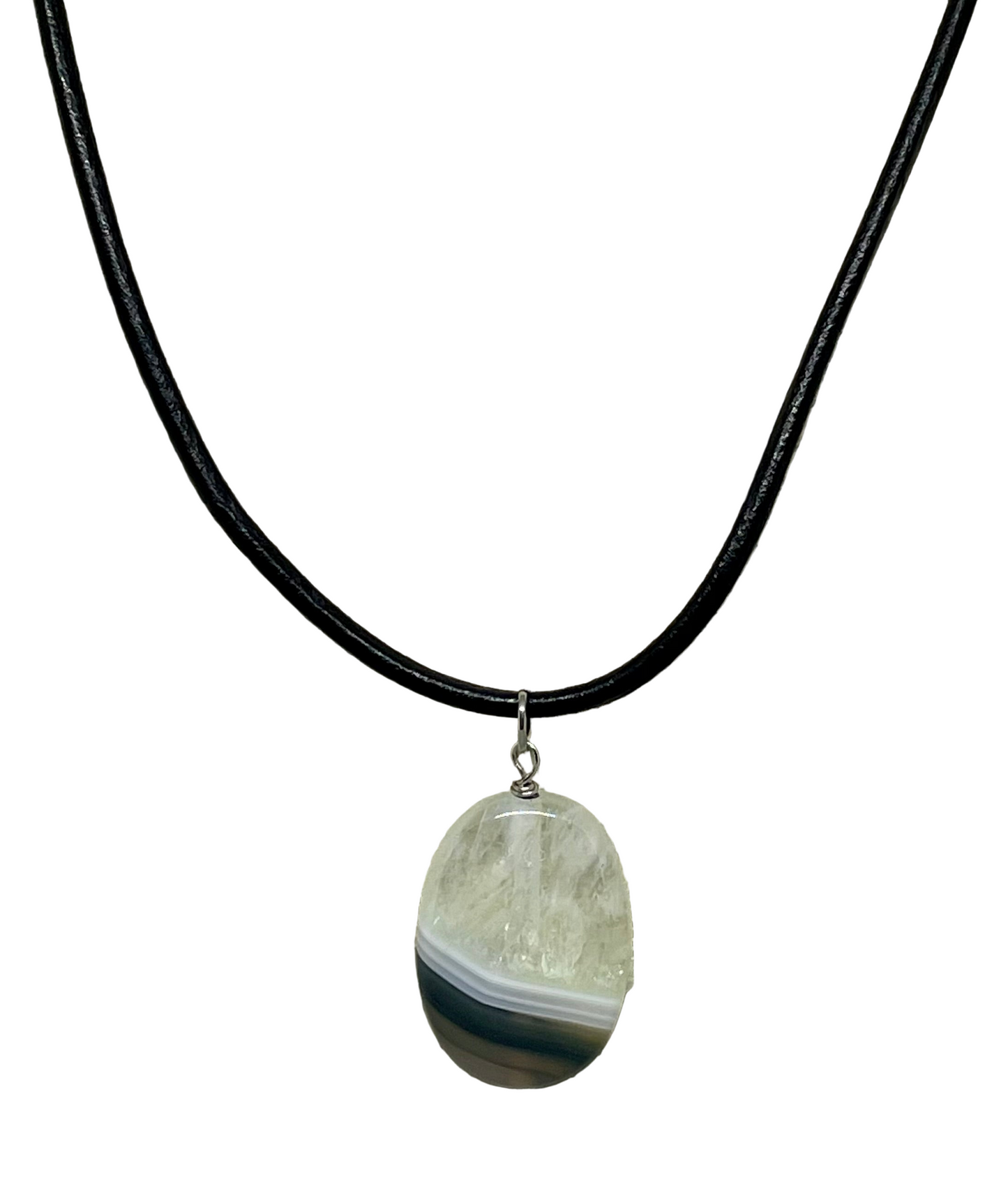 Brown, White and Clear Oval Agate Pendant with Leather Necklace