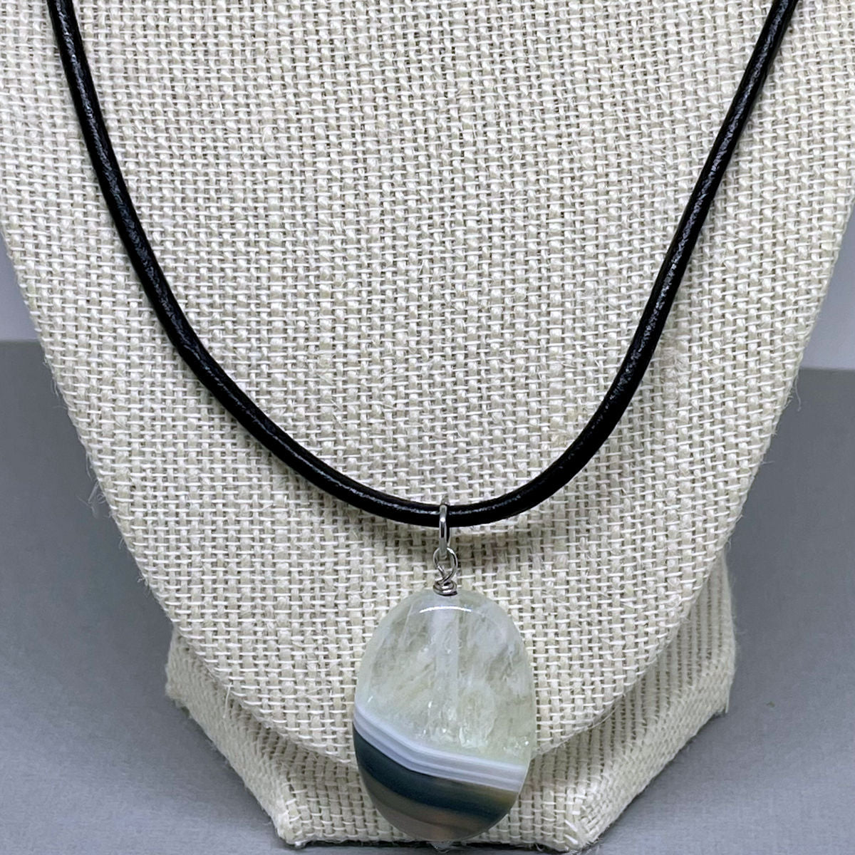 Brown, White and Clear Oval Agate Pendant with Leather Necklace