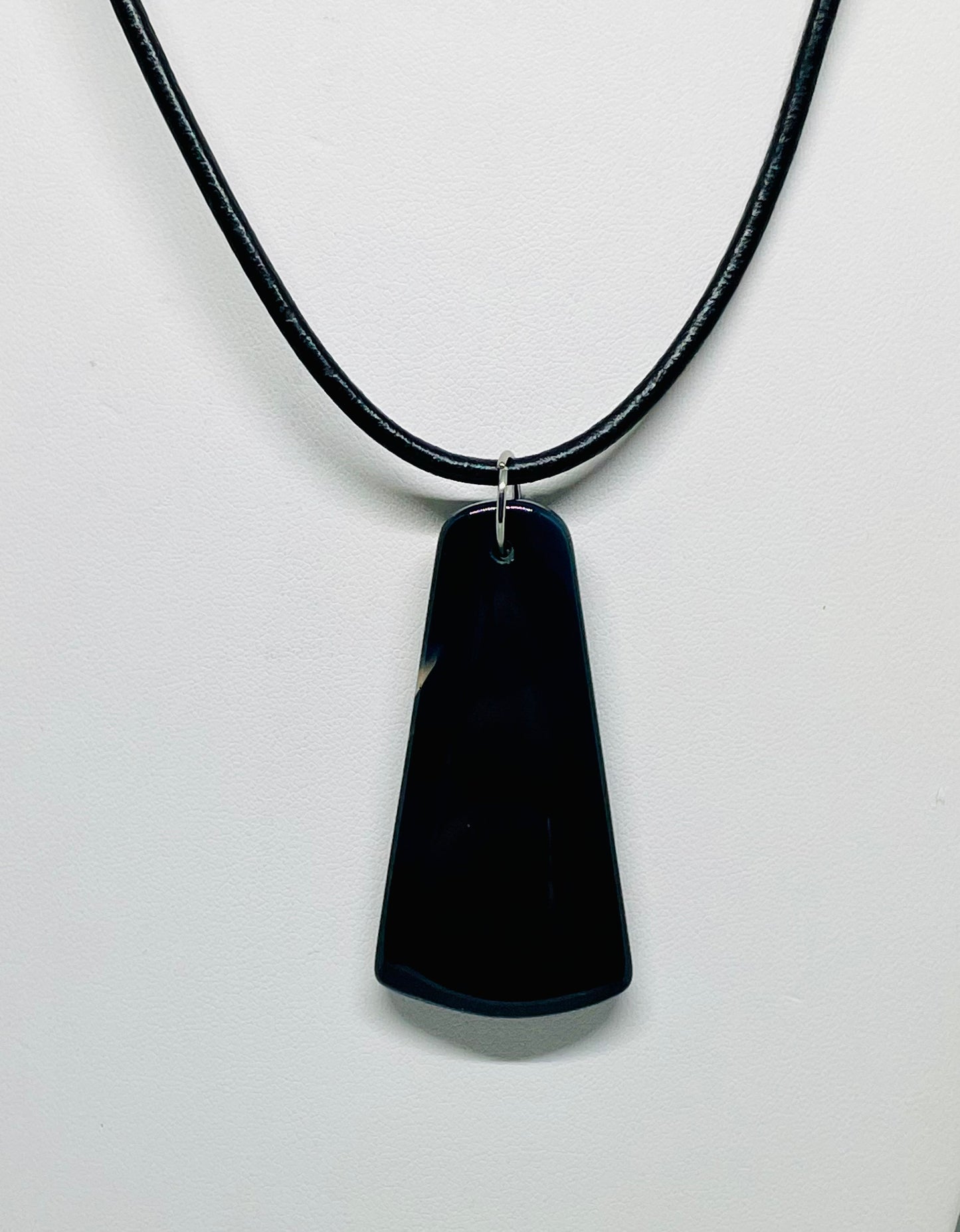 Polished Elongated Black Obsidian Pendant with Black Leather Necklace