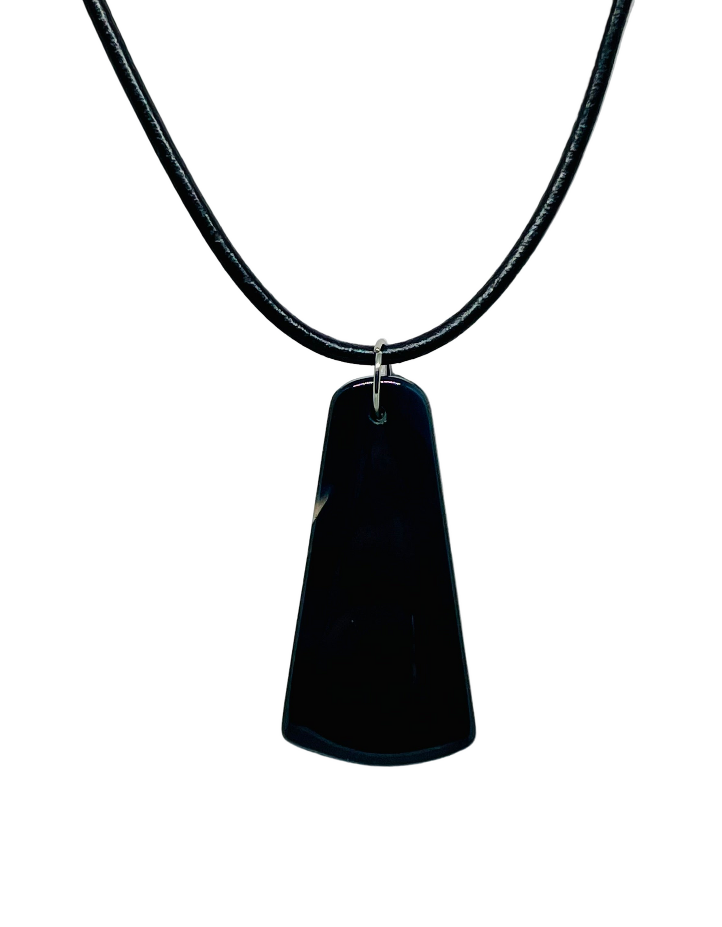 Polished Elongated Black Obsidian Pendant with Black Leather Necklace