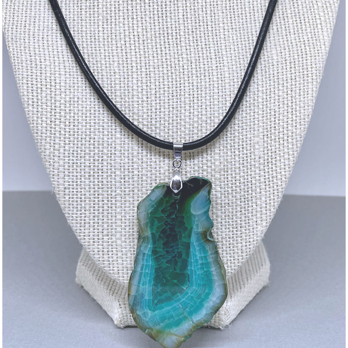Green Agate Pendant with Leather Cord Necklace