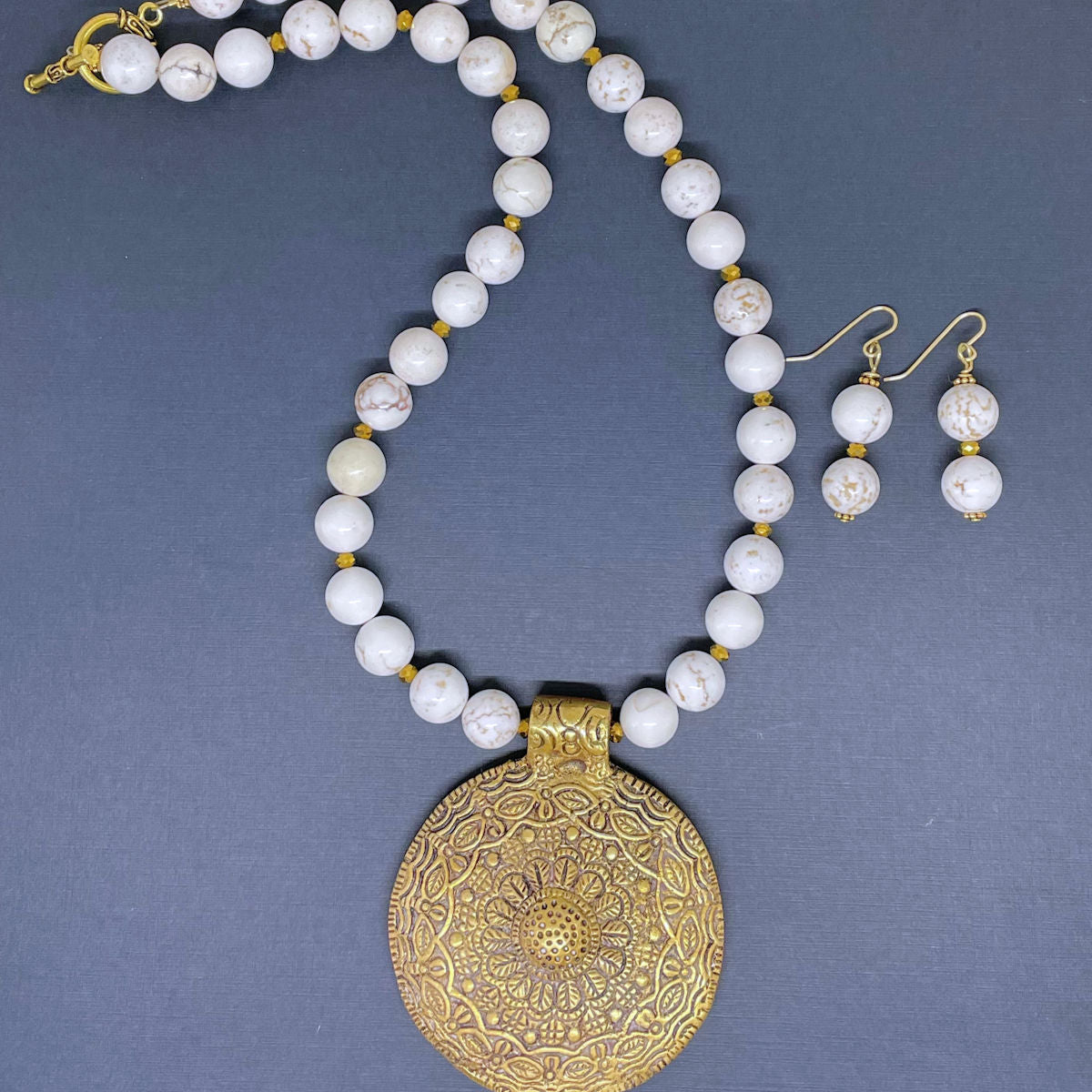 White and Brown Howlite Necklace and Earring Set