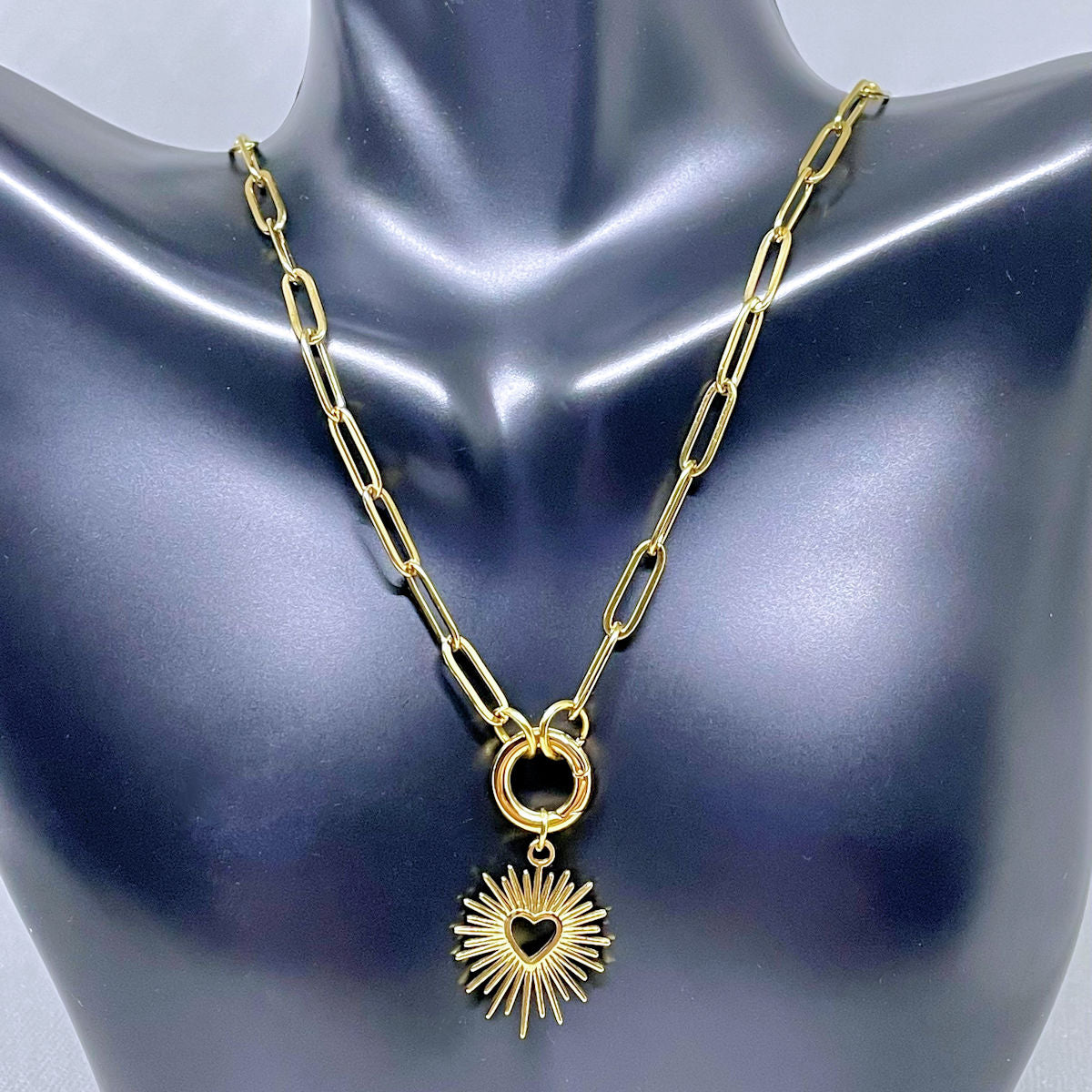 Gold PVD Paperclip Necklace with Sunburst Heart