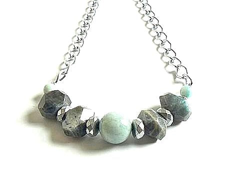 Natural Labradorite Nugget Necklace with Amazonite and Hematite Beads