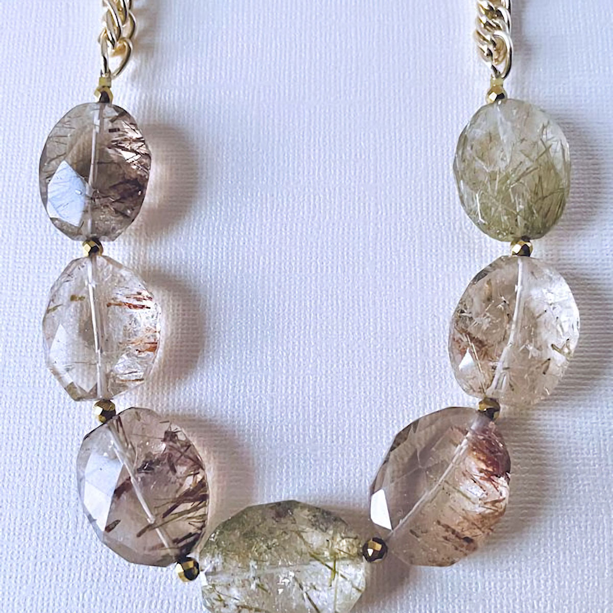 Oval Rutilated Beaded Necklace with Gold Plated Chain