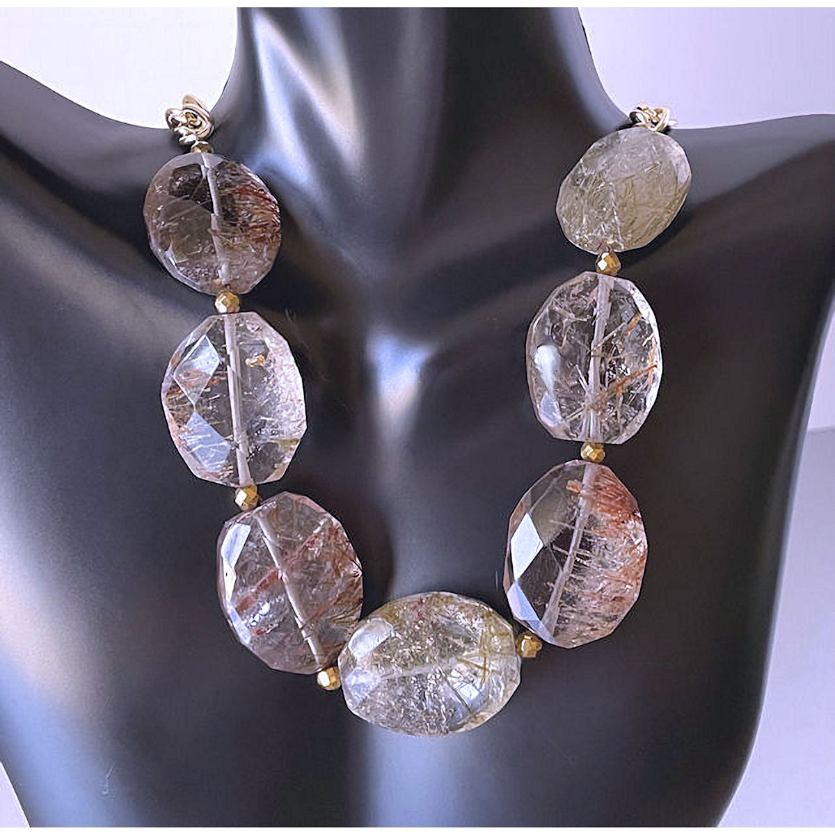 Oval Rutilated Beaded Necklace with Gold Plated Chain