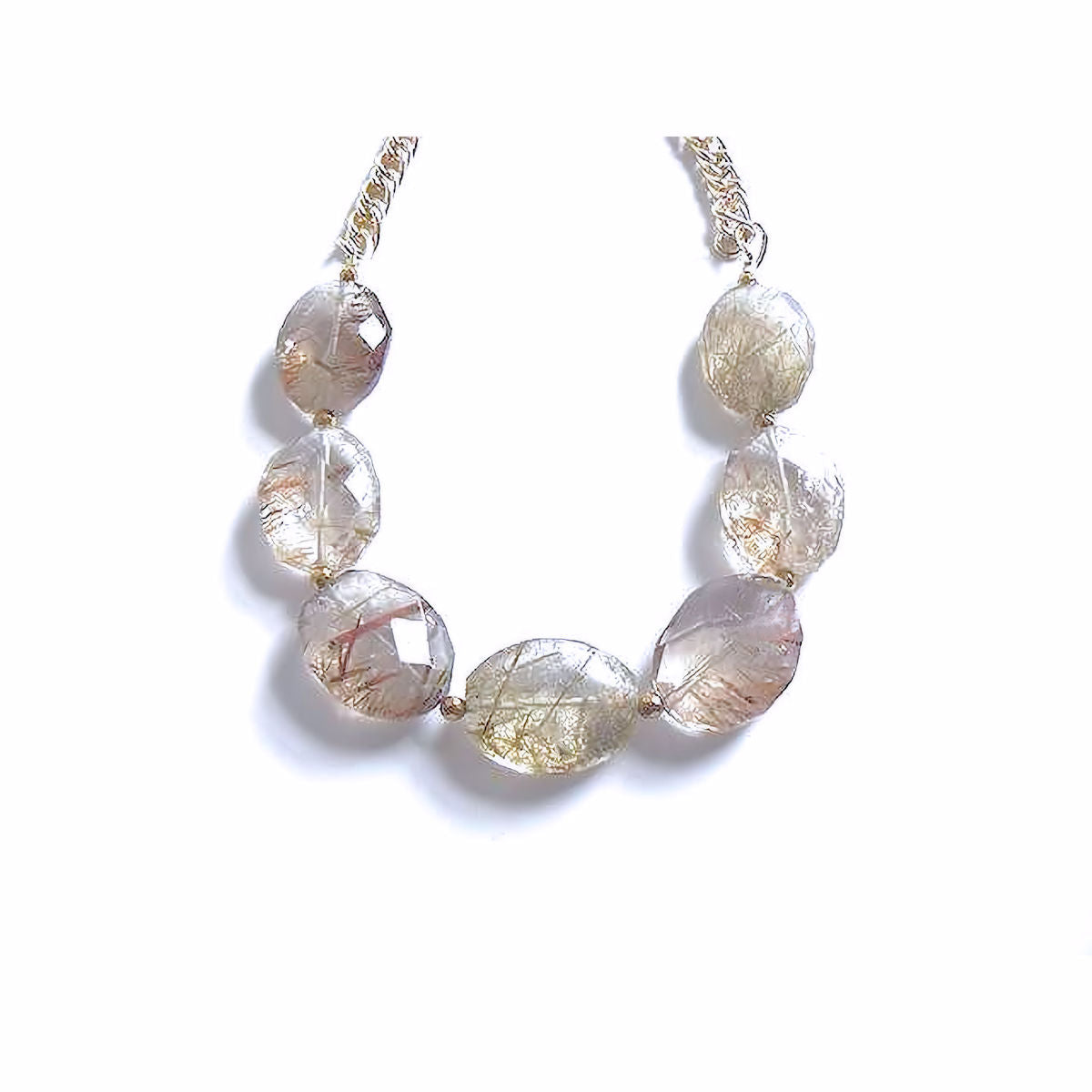 Oval Rutilated Beaded Necklace with Gold Plated Chain
