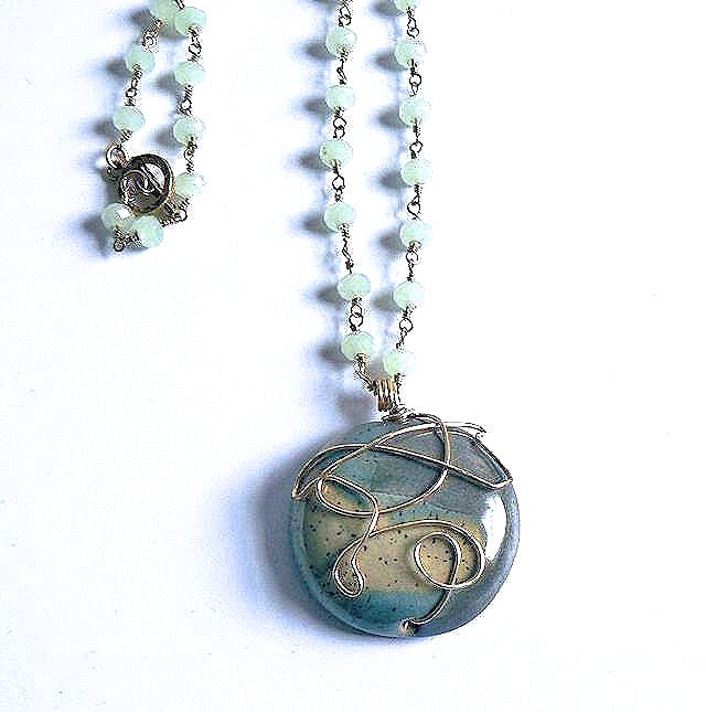 Ceramic Clay Pendant with Seafoam Wire Wrapped Beaded Chain