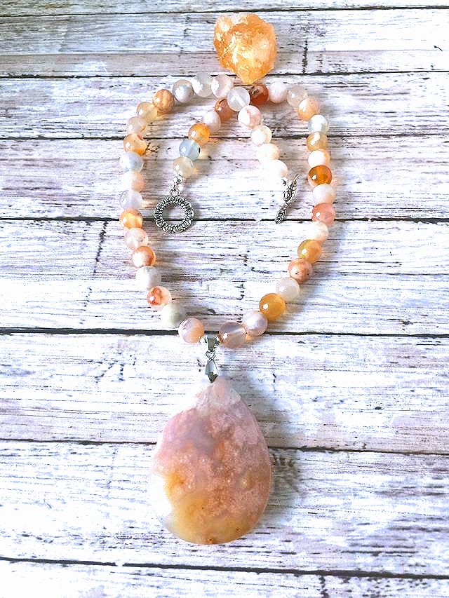 Cherry Blossom Beaded Necklace wtih Flower Agate Pendant