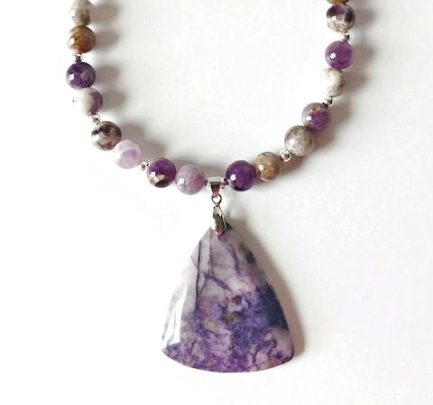 Chevron Amethyst Beaded Necklace with Purple Agate Pendant