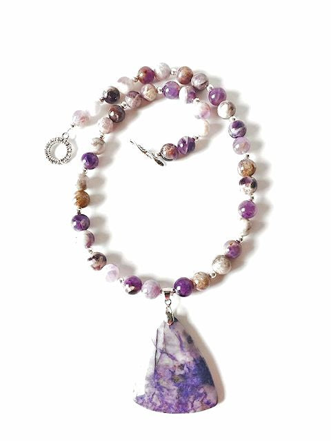 Chevron Amethyst Beaded Necklace with Purple Agate Pendant