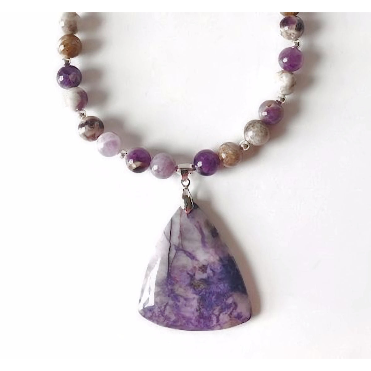 Chevron Amethyst Beaded Necklace with Purple Agate Pendant