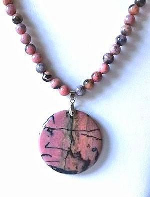 Rhodonite Beaded Necklace with Rhodonite Pendant