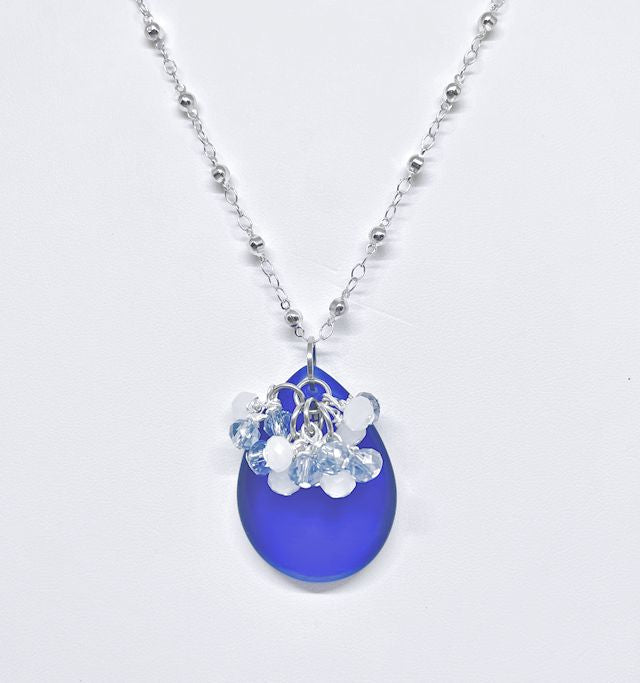 Royal Blue Tear Drop Pendant with Silver Planted Chain