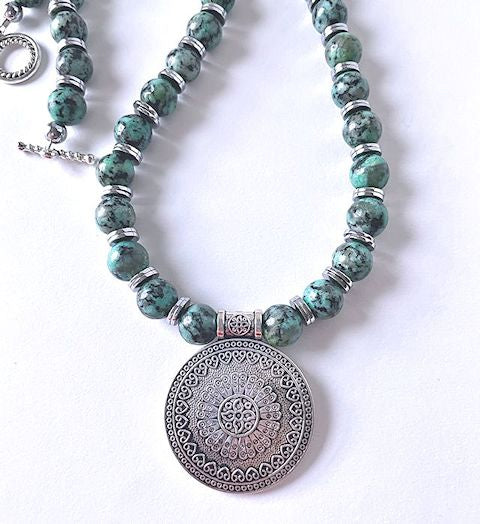 Green Turquoise Beaded Necklace with Silver Mayan Medallion Pendant