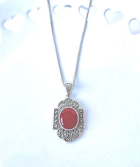 Necklace with Sterling Carnelian Marcasite Pendant