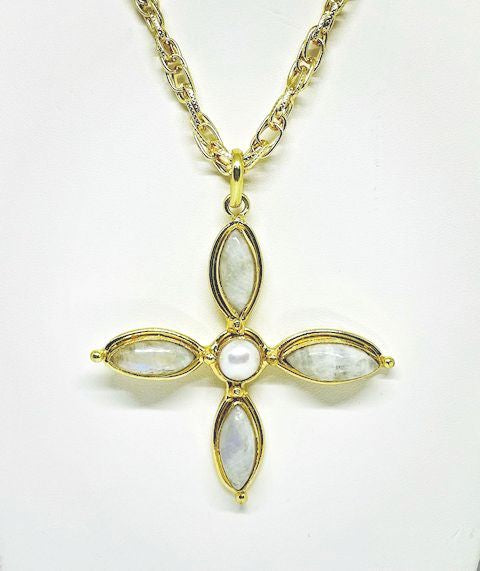 Moonstone and Pearl Cross Pendant with Gold Plated Chain