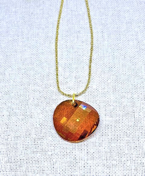 Golden Amber Crystal Disk Pendant with Gold Plated Chain