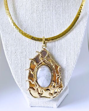 Textured Gold Plated Choker Necklace with Genuine Moonstone Pendant