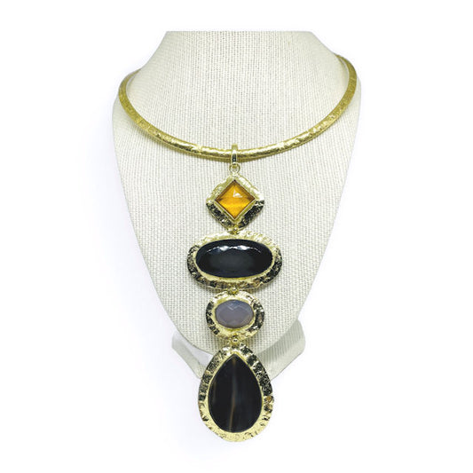 Brass Choker Necklace with Multi-Stone Pendant