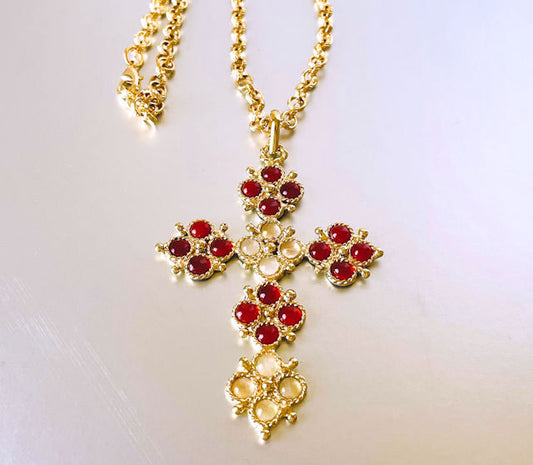 18K Brass Gold Plated Rolo Chain with Carnelian and Quartz Cross Pendant Necklace