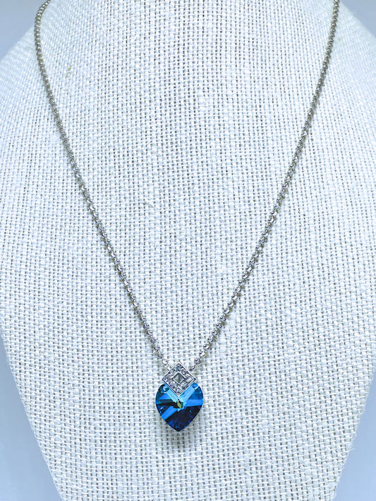 Bermuda Blue Crystal Heart Necklace with Diamond Cut Sterling Silver Chain