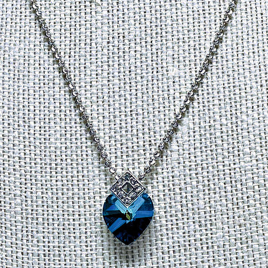 Bermuda Blue Crystal Heart Necklace with Diamond Cut Sterling Silver Chain