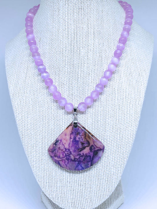 Natural Purple Selenite Necklace with Agate Pendant