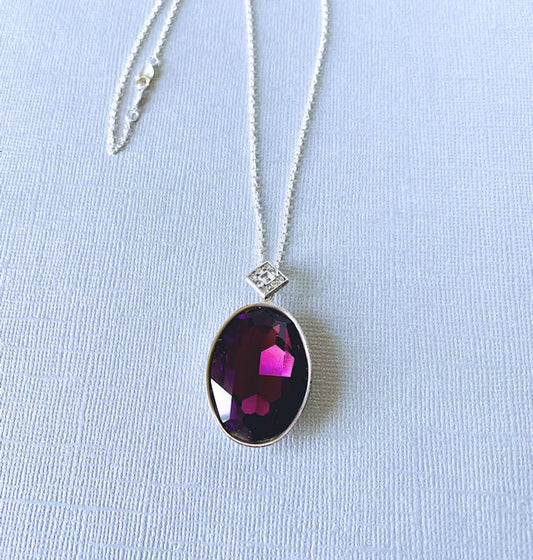 Sterling Silver Necklace with Purple Oval CZ Pendant