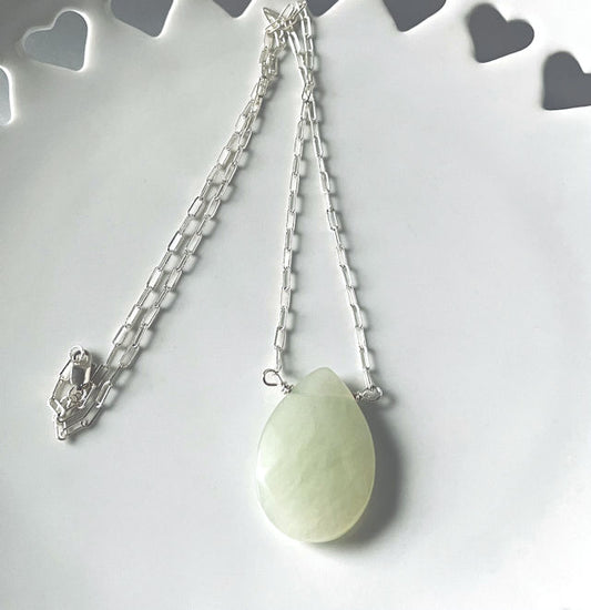 Sterling Silver Paper Clip Necklace with Seafoam Green Chalcedony Pendant