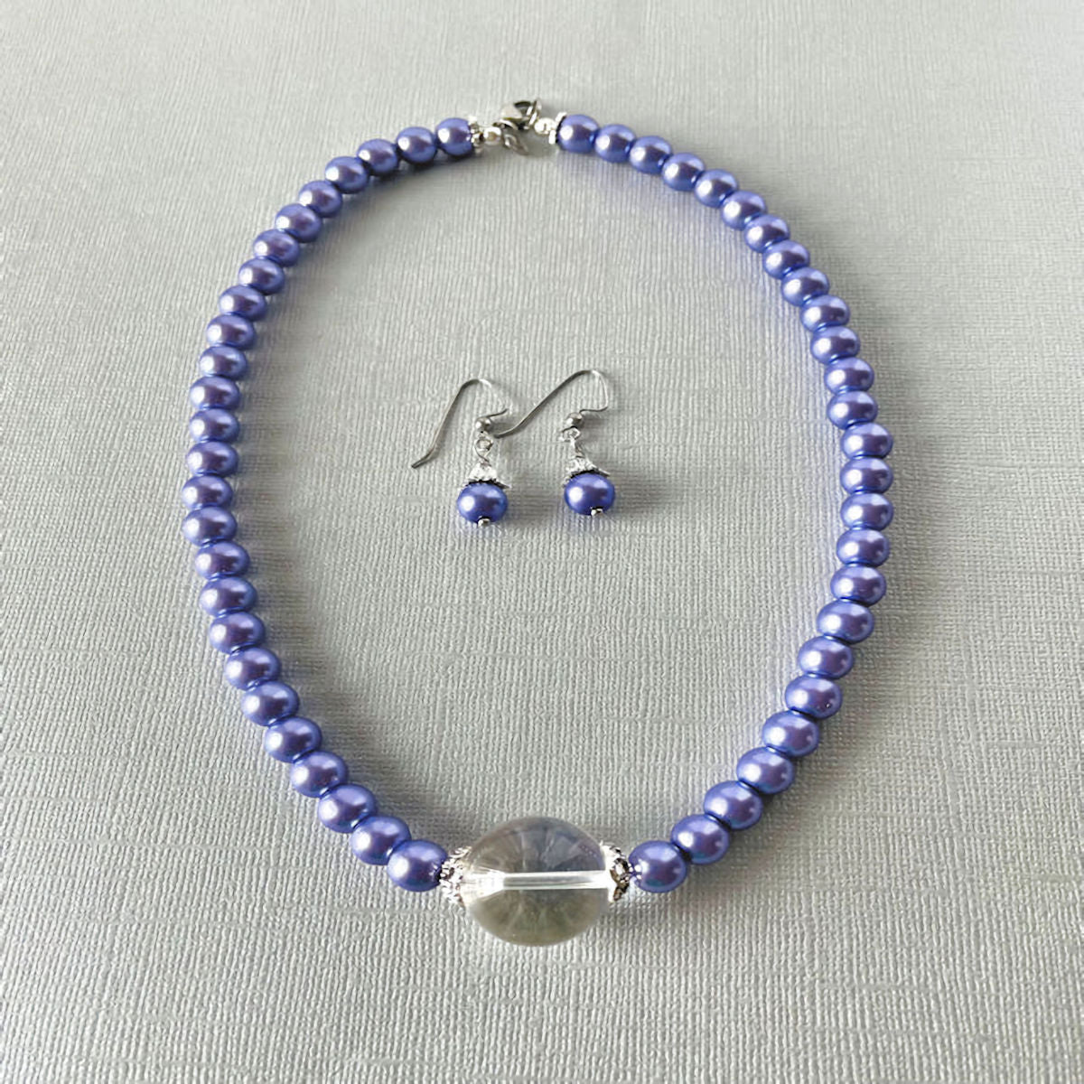 Lavender Pearl Necklace and Earring Set with Quartz Crystal Focal Bead
