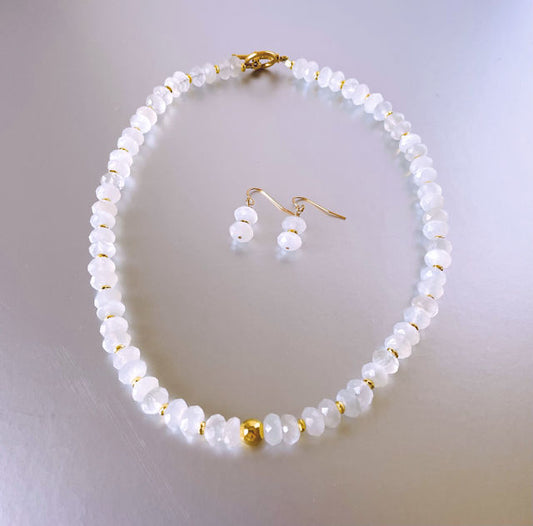 Natural Moonstone Necklace and Earring Set with Gold Hematite Accents