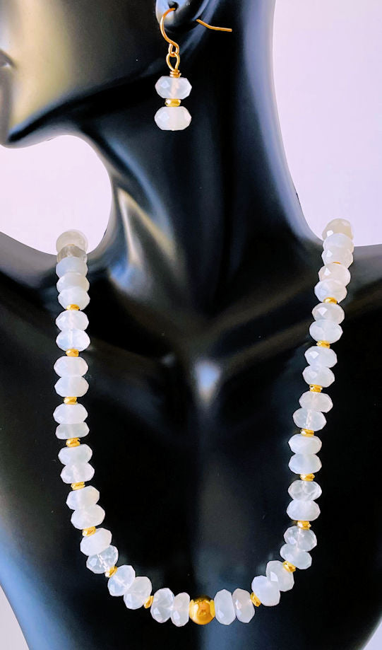 Natural Moonstone Necklace and Earring Set with Gold Hematite Accents