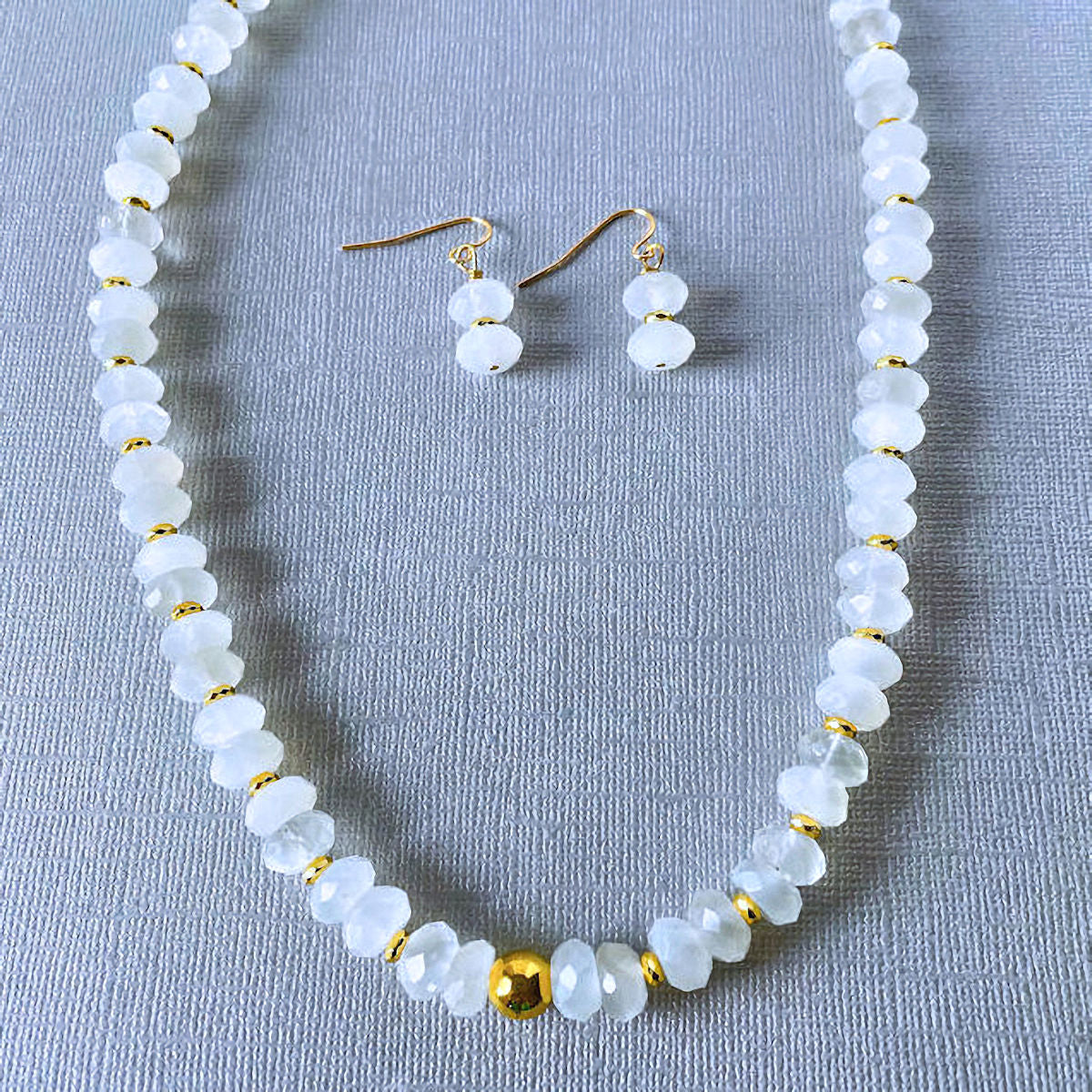 Natural Moonstone Necklace and Earring Set with Gold Hematite Accents