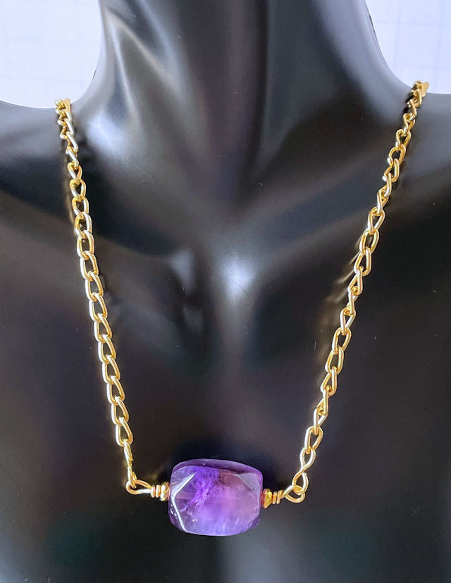 Amethyst Nugget Pendant Necklace with Gold Chain