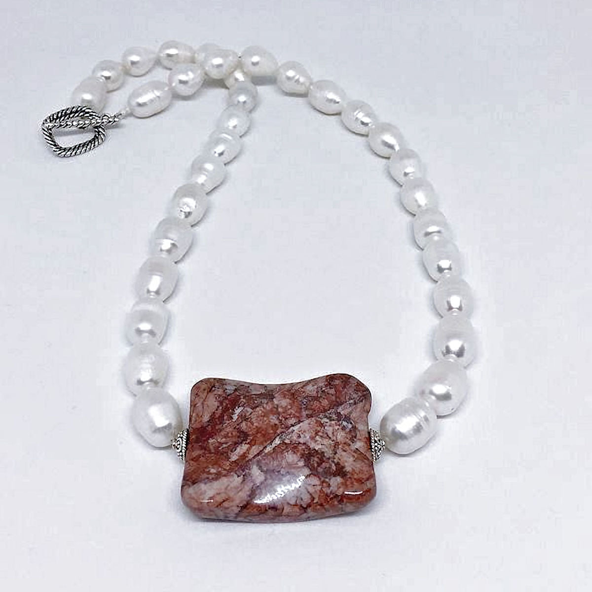 Pearl Necklace with Brecciated Jasper Pendant