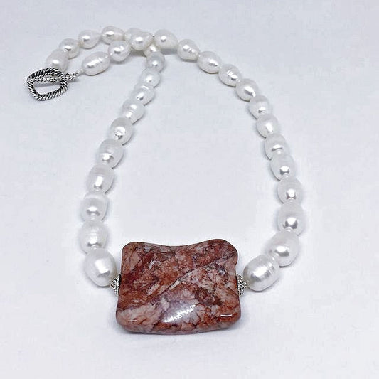 Pearl Necklace with Brecciated Jasper Pendant