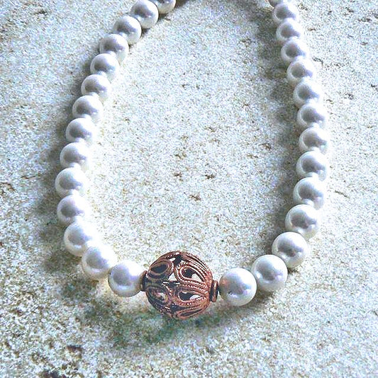 Pearl Necklace Accented with Copper Antique Bead Spacer