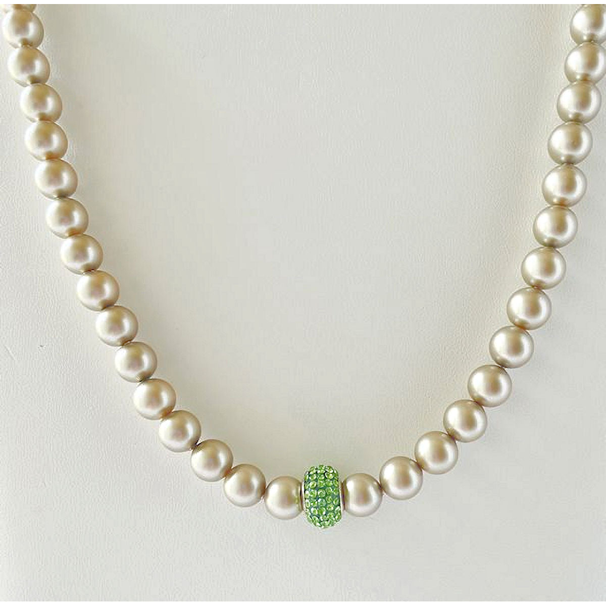 Light Champagne Pearl Necklace Accented with Light Green Pave Crystal Bead