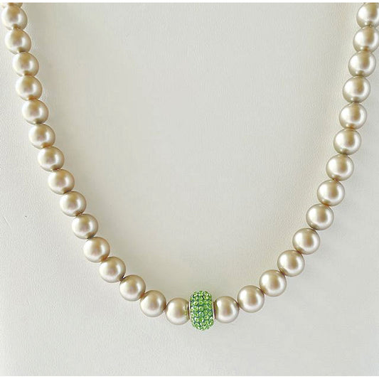 Light Champagne Pearl Necklace Accented with Light Green Pave Crystal Bead